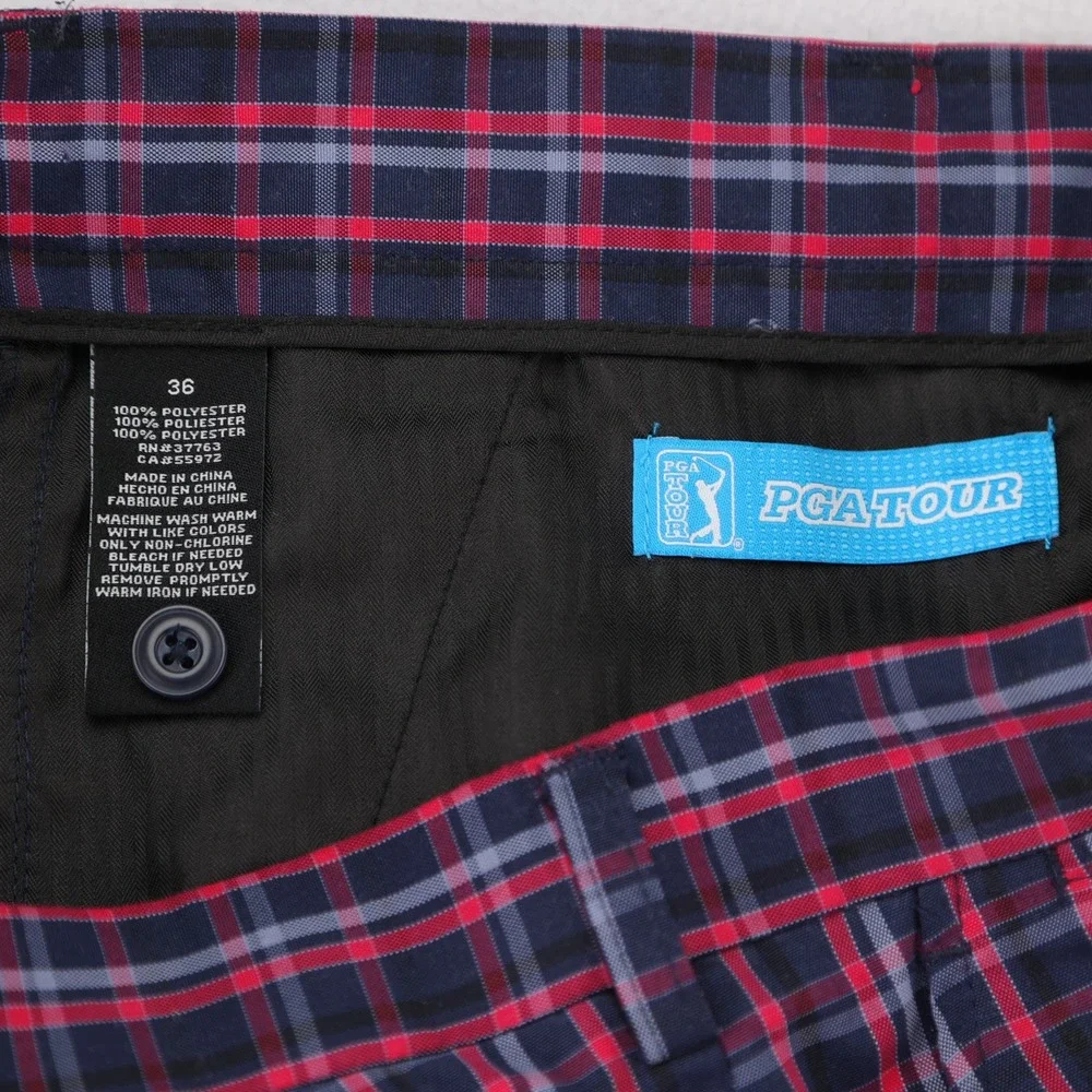 PGA Tour‎ Mens Plaid Golf Shorts Red Navy Blue Tartan 36 Polyester Performance